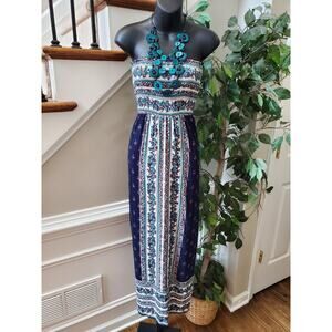 Angle Women's Blue & White 100% Rayon Off The Shoulder Long Maxi Dress Size XS